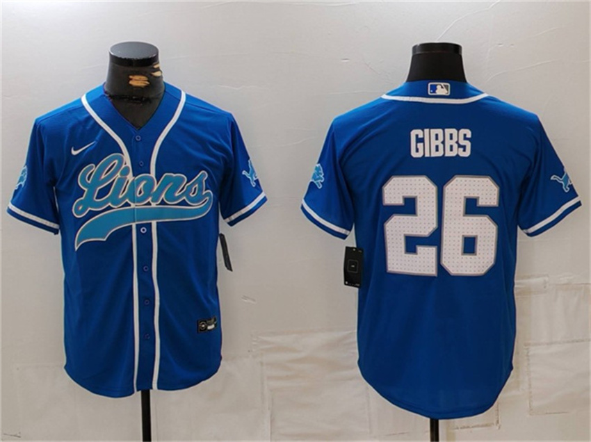 Men's Blue Detroit Lions #26 Jahmyr Gibbs Cool Base Stitched Baseball Jersey